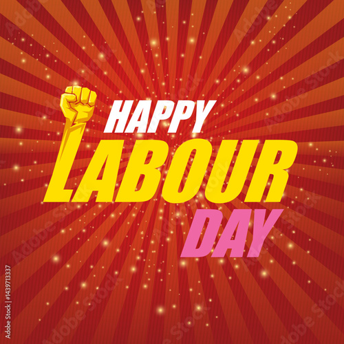 1 may Happy labour day vector label with strong protest fist in the air on vintage red rays background. vector happy labor day background or banner with man hand. workers may day poster