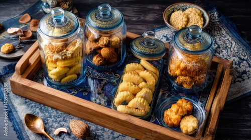 Obraz na płótnie Assorted Cookies in Glass Jars on Wooden Tray with Blue Tablecloth w salonie