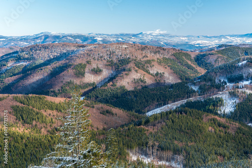 Fototapeta Naklejka Na Ścianę i Meble -  View from Kozi hrbety hill in winter Moravskoslezske Beskydy mountains in Czech republic