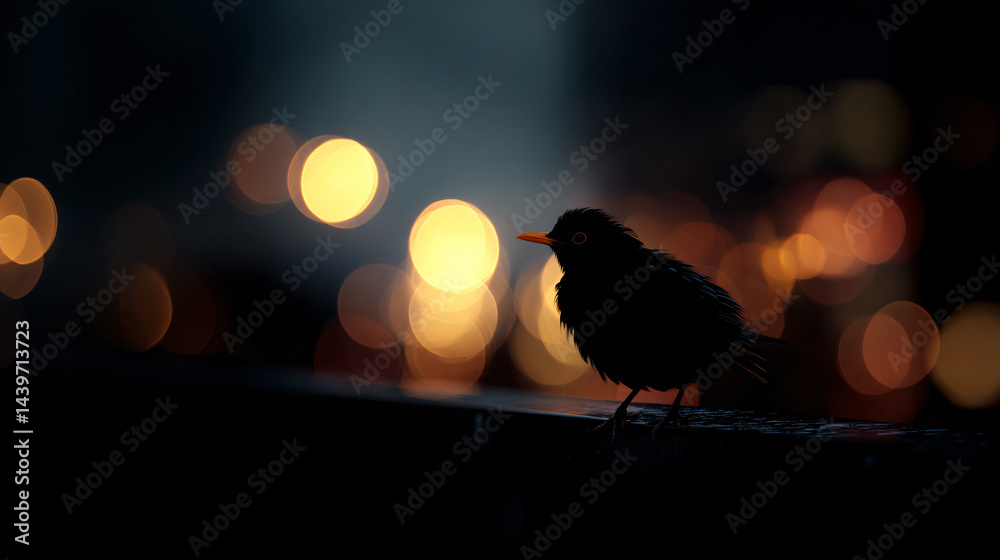 Cute black bird in the city at night
