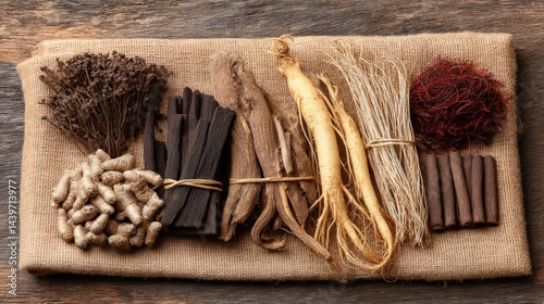 Assortment of Natural Herbal Ingredients on a Rustic Background