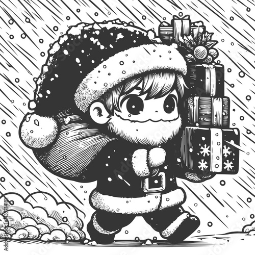Chibi Santa delivering presents in snowstorm