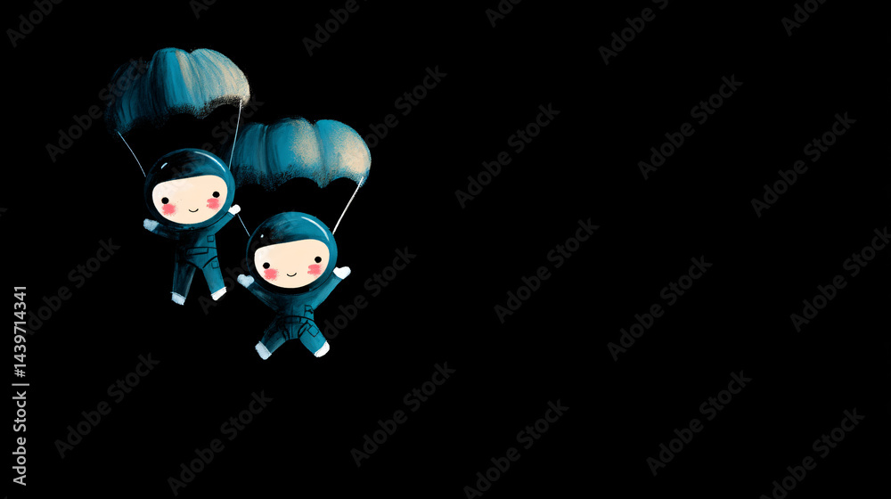 Cute cartoon skydiving illustration on a black background