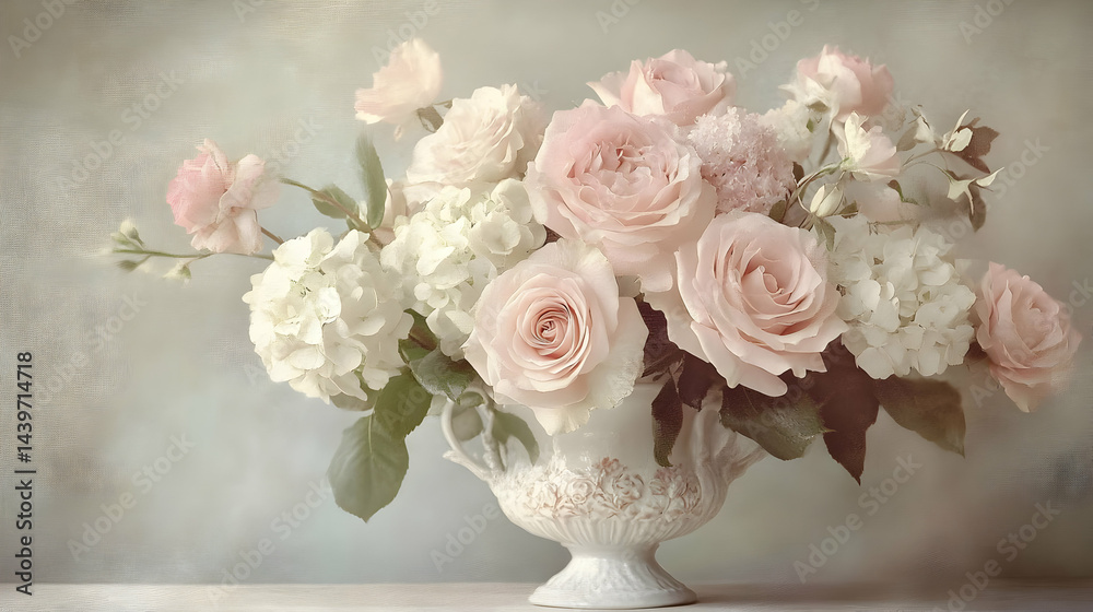 Pastel Pink Roses and White Hydrangeas in a Vintage Vase Pastel Pink Roses and White Hydrangeas in a Vintage Vase