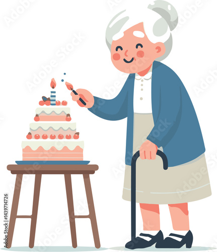 elderly woman celebrating birthday cake preparation  