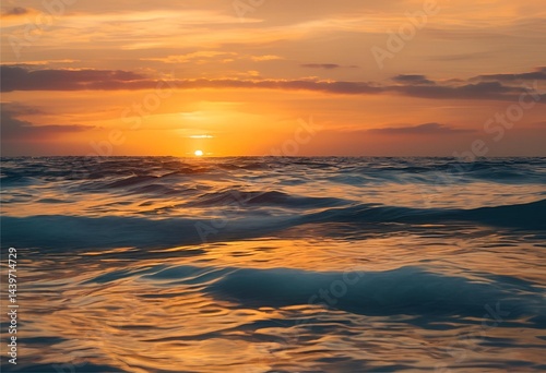 romantic sunset over the sea, with vibrant colors reflecting on the calm, beautiful waters.