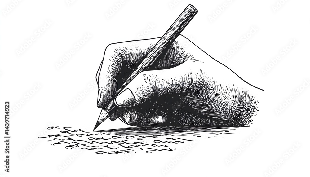 A hand gripping a pencil writing letters on a white surface