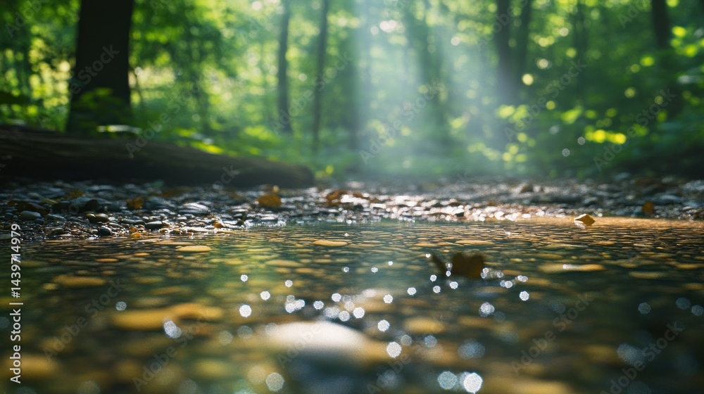 Fototapeta premium Sunlight streams through forest creek bed
