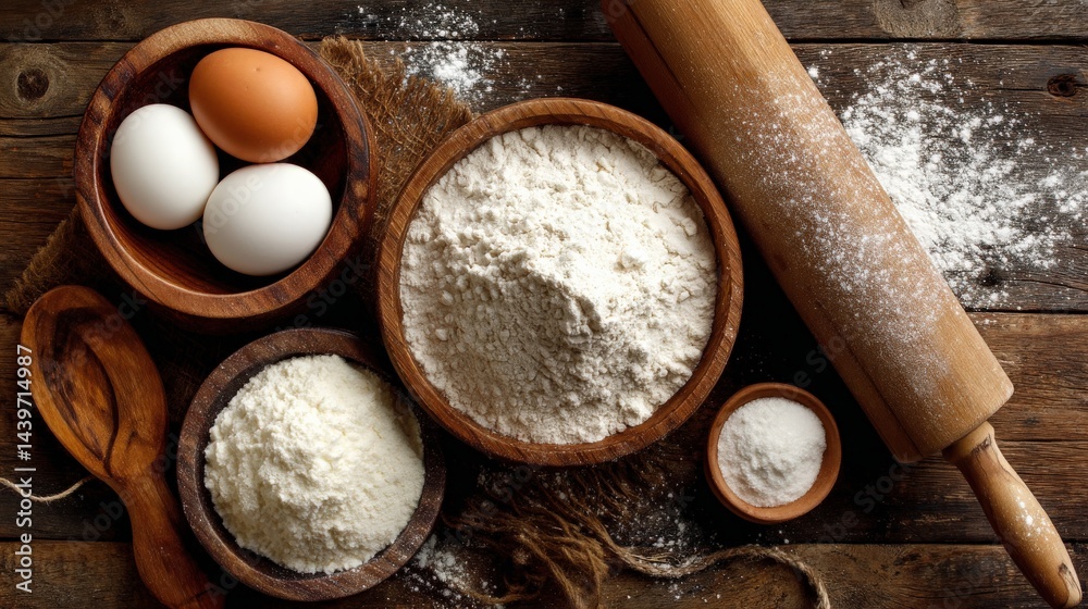 Baking Ingredients on Wooden Table with Flour and Eggs