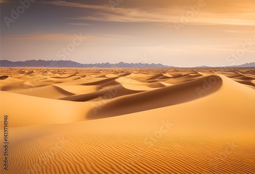 vast, endless desert with golden sand dunes stretching far under the clear blue sky
