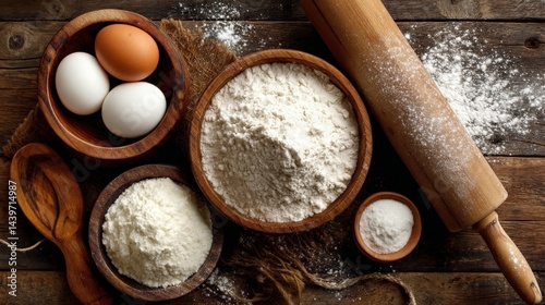 Obraz na płótnie Baking Ingredients on Wooden Table with Flour and Eggs w salonie