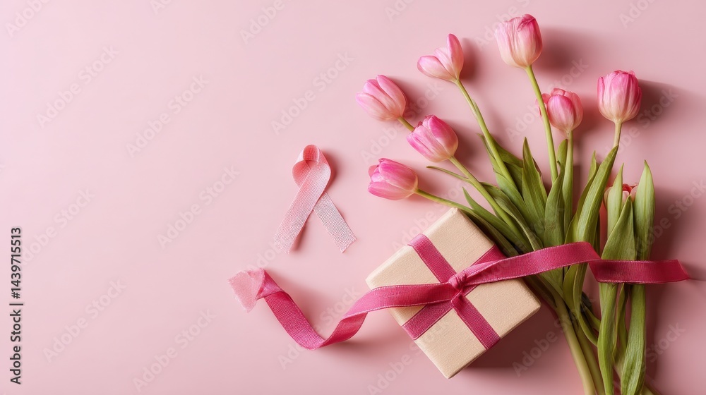 Beautiful Spring Tulips with Gift Box and Ribbon on Pink Background