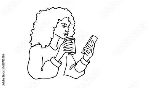 Woman drink coffee with phone, line art drawing. Barista made tea on white background. Enjoying the moment now. Vector illustration