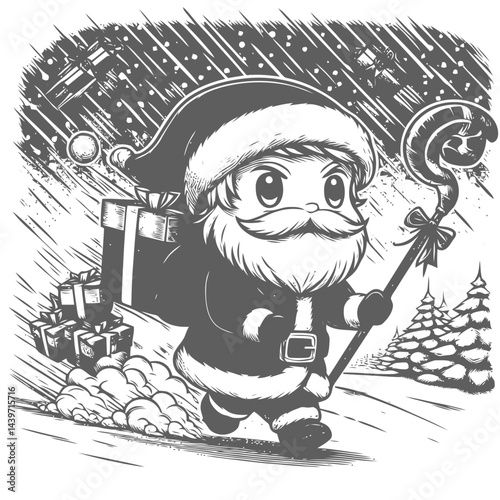 Chibi Santa delivering presents in snowstorm