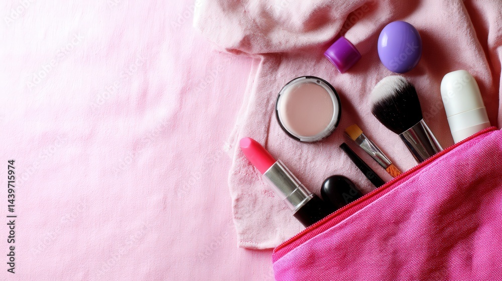 Beauty Makeup Essentials in Pink Cosmetic Bag on Soft Fabric Background