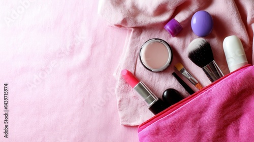 Obraz na płótnie Beauty Makeup Essentials in Pink Cosmetic Bag on Soft Fabric Background w salonie