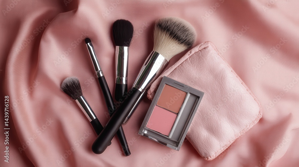Beauty Tools and Accessories on Soft Pink Fabric Background