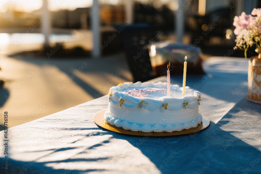 Birthday cake with candles on outdoor table during sunset celebration