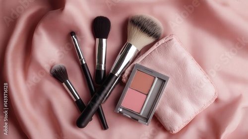 Obraz na płótnie Beauty Tools and Accessories on Soft Pink Fabric Background w salonie