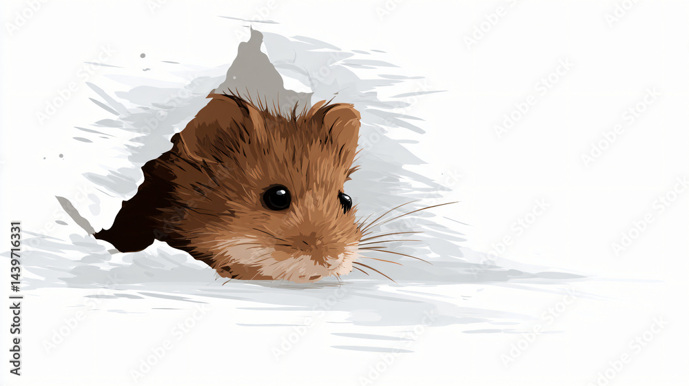 Cute mouse peeking through a hole, adorable rodent, transparent background.