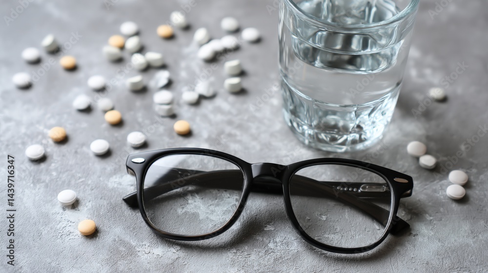 Black Eyeglasses on Gray Surface with Water and Colorful Pills