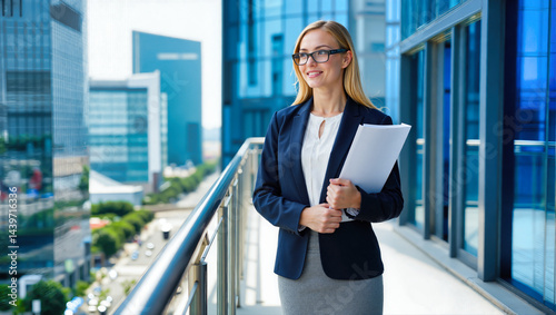 Professional businesswoman in blue blazer holding documents on office building balcony overlooking urban skyline. Corporate executive with confident smile leadership amid modern highrise cityscape