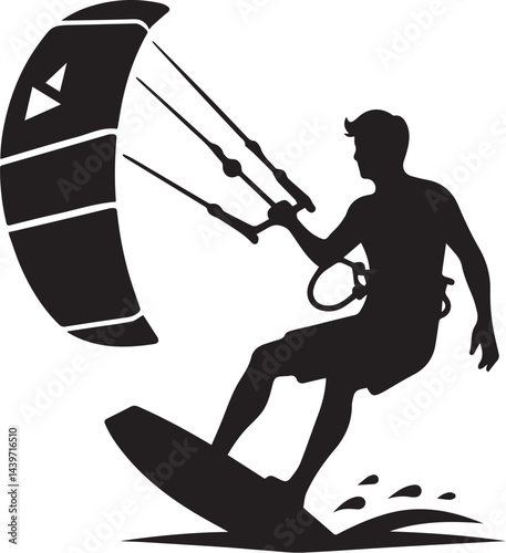 Kitesurfer with kite in motion silhouette vector