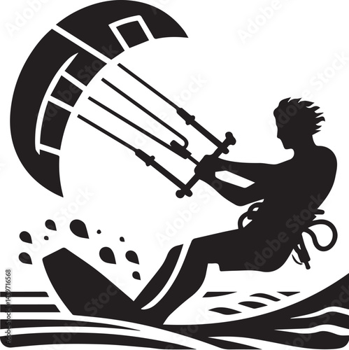Kitesurfer with kite in motion silhouette vector