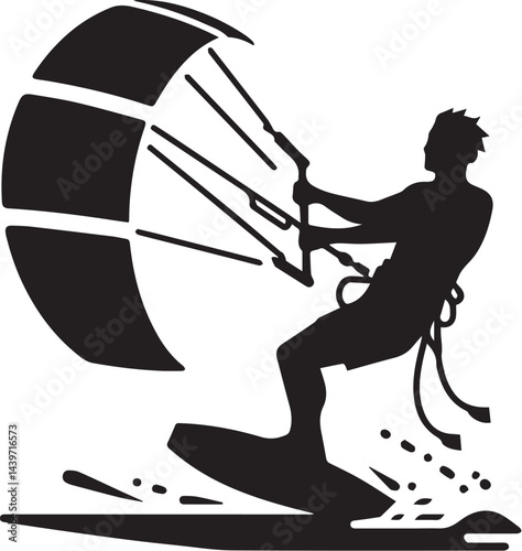 Kitesurfer with kite in motion silhouette vector