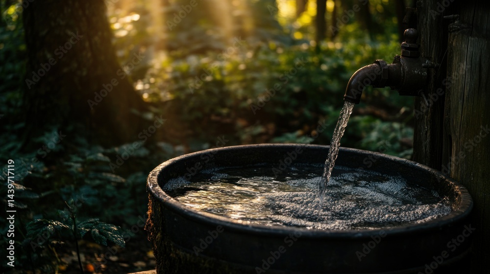 Rustic water flowing into wooden barrel in forest