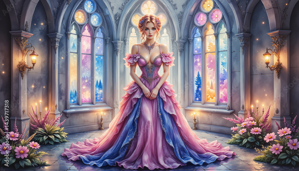 Enchanted princess standing gracefully in a fairy tale castle Enchanted princess standing gracefully in a fairy tale castle