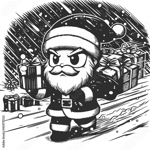 Chibi Santa delivering presents in snowstorm