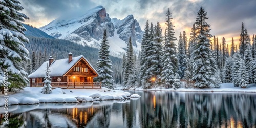 Serene Winter Cabin by Still Lake and Majestic Snow-Covered Mountains at Sunset
