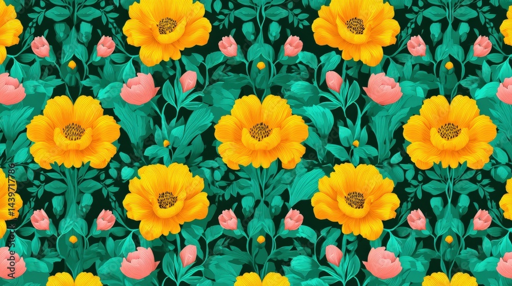 Bright Floral Pattern with Yellow Flowers and Pink Tulips on Green