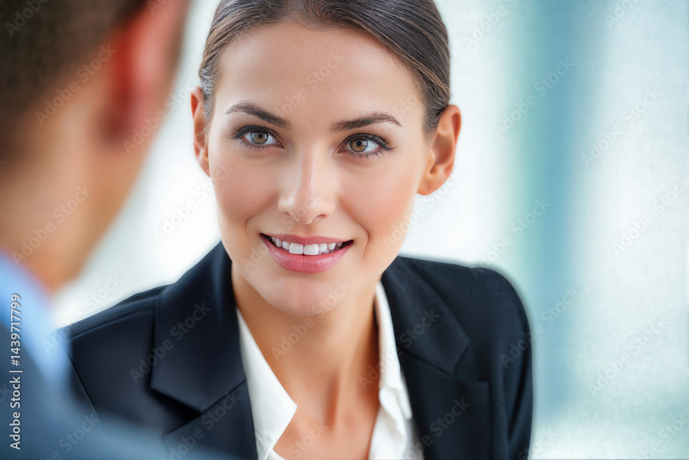 Business professional in dark suit smiling during meeting. Confident executive engaged in workplace conversation. Corporate leadership communication with colleague. Interview interaction successful Business professional in dark suit smiling during meeting. Confident executive engaged in workplace conversation. Corporate leadership communication with colleague. Interview interaction successful