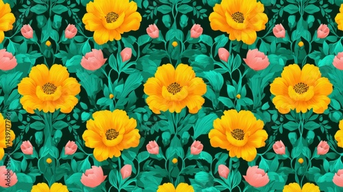 Obraz na płótnie Bright Floral Pattern with Yellow Flowers and Pink Tulips on Green w salonie