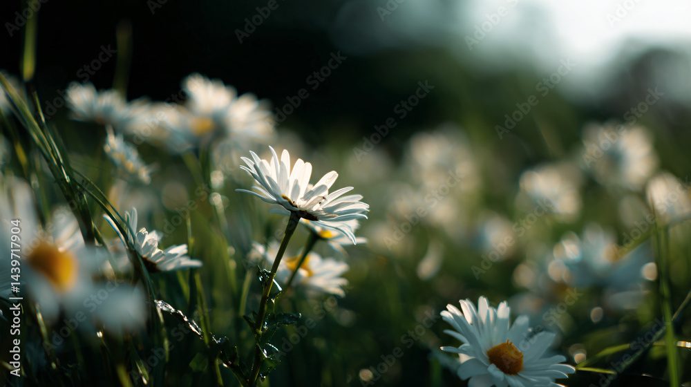Daisies in bloom in a green field during summer