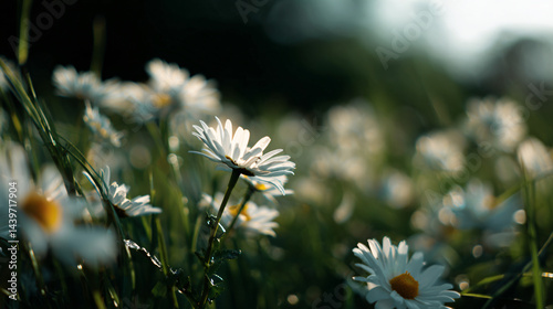 Daisies in bloom in a green field during summer