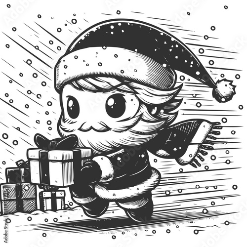 Chibi Santa delivering presents in snowstorm