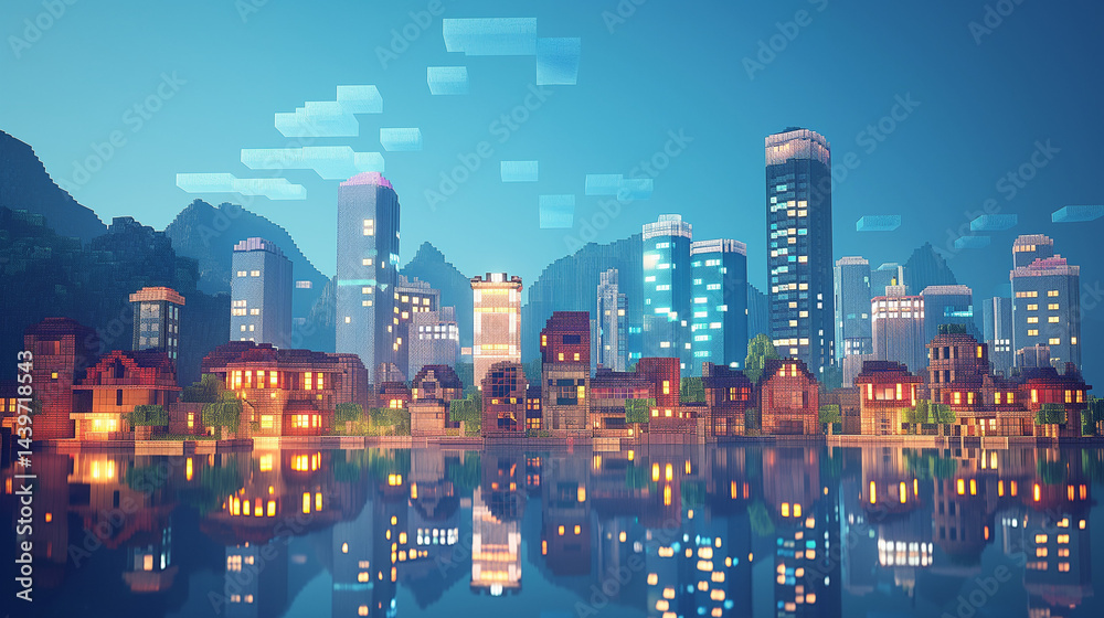 Pixelated lakeside village with mountains, reflecting on calm water.