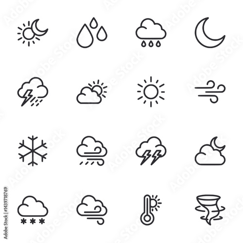 A set of weather icons including rain, snow, and sun