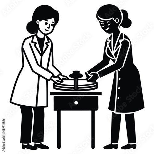 cartoon female doctor and assistant preparing instruments
