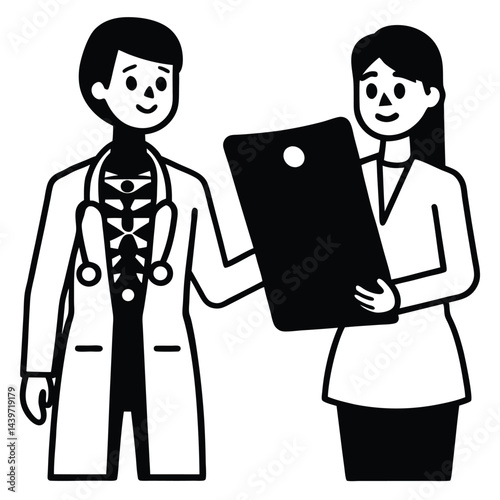 cartoon female doctor reviewing an x ray next to patient