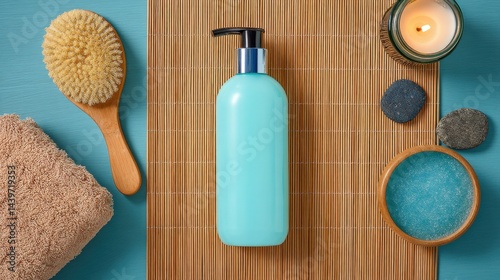 Obraz na płótnie Calm and Relaxing Spa Scene with Bath Products on Bamboo Mat w salonie
