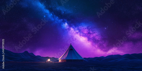 A tent under a vibrant milky way at night with mountains in the distance
