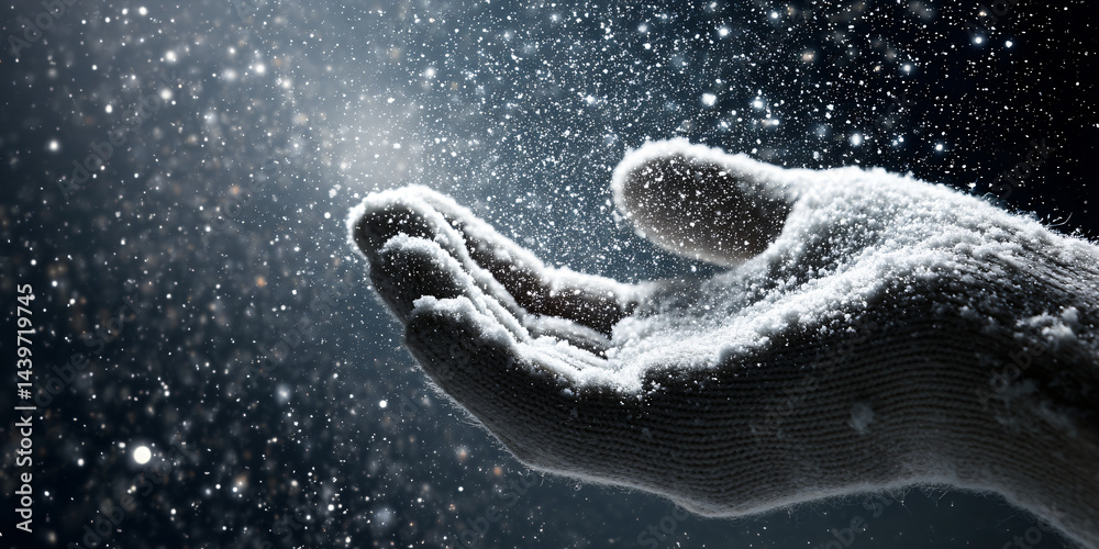 Hand in Winter Wonderland: A close-up shot reveals a human hand, gently cupped and frosted with a pristine layer of fresh snowfall. The atmospheric scene captures the serene beauty of a winter's day.