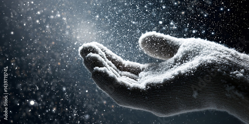 Obraz na płótnie Hand in Winter Wonderland: A close-up shot reveals a human hand, gently cupped and frosted with a pristine layer of fresh snowfall. The atmospheric scene captures the serene beauty of a winter's day. w salonie