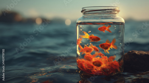 Obraz na płótnie Goldfish in a Jar: A captivating perspective on marine life featuring a collection of goldfish gracefully swimming within a clear glass jar, delicately placed amidst the vast expanse of the ocean. w salonie