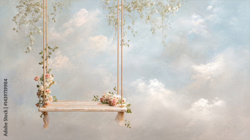 Skybound Swing: A beautifully crafted swing, adorned with delicate flowers, hangs suspended in a dreamy sky, inviting a moment of serenity and whimsical escape.