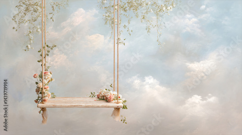 Obraz na płótnie Skybound Swing: A beautifully crafted swing, adorned with delicate flowers, hangs suspended in a dreamy sky, inviting a moment of serenity and whimsical escape. w salonie